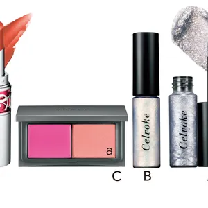 A インフィニトリー グリマーリキッド EX01、B 同 01 各￥2970／セルヴォーク（Aのみ限定品）　C ブロウンアウェイ ブラッシュデュオ 01 ￥4180／THREE　D ルージュ ヴォリュプテ キャンディグレーズ 4 ￥4730／イヴ・サンローラン・ボーテ
