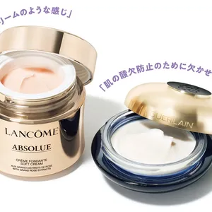 1 オーキデ アンペリアル ザ クリーム N 50ml ￥63030／ゲラン　2 アプソリュ ソフトクリーム 60ml ￥37400／ランコム