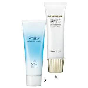 A トリートメント デイ クリーム  SPF50+･PA++++ 50ml ￥8800／カバーマーク　B ウォーターフィール UVジェルα SPF50+･PA++++ 75g ￥3080／アユーラ