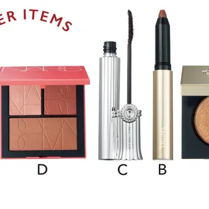 A リュクス アイシャドウ フォイル 03 ￥4730／ボビイ ブラウン　B デザイニング ペンシル 04 ￥2970／スナイデル ビューティ　C ブルーミングブラッシュ ニュアンスカーラー 01 ￥3300／ジルスチュアート　ビューティ　D プレジャートリップ チークパレット ￥5720／NARS JAPAN（3/18限定発売）　E ヴェルニ ロング トゥニュ 923￥3520／シャネル（3/4限定発売）