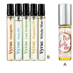 A ビオパフューム ダマスクローズ ロールオン 5ml ￥2860／ムーンソープ　B Vyrao ハイヤーファイブセット 7.5ml×5 ￥24200／PHAETON FRAGRANCE HOUSE