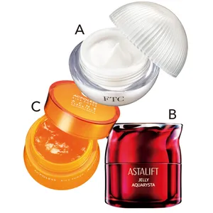 AFFプレステージケアクリーム 30g ￥14300／FTC　Bアスタリフト ジェリー アクアリスタ 40g ￥9900／富士フイルム　Cライスフォース アクポレス アクネクリアジェリー（医薬部外品） 50g ￥6600／アイム