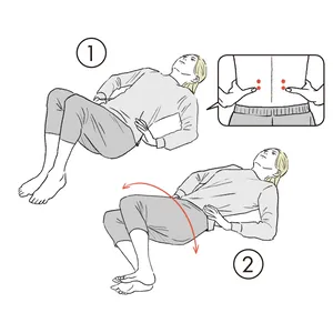 ①親指を腰方形筋（吹き出し内の図参照）に当て仰向けに。②両膝を揃え、左右にパタパタと倒し10往復。親指の位置を上にずらし、同様に行って。