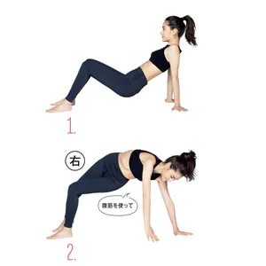 1.ひざを立て、手を肩の下についてお尻を上げる／2.右手で左側の床をタッチ