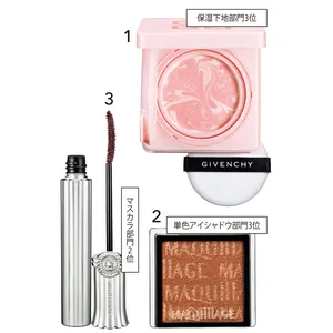 1 スキン PFCT コンパクト クリーム SPF15・PA+ 12g ¥9680／パルファム ジバンシイ　2 ドラマティックアイカラー （パウダー） OR531 ¥990 （編集部調べ）／マキアージュ　3 ブルーミングラッシュ ニュアンスカーラー 02 ¥3300／ジルスチュアート　ビューティ