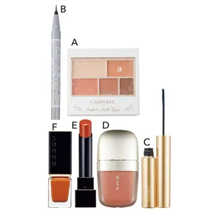 A キャンメイク パーフェクトマルチアイズ 07 ￥858、B 同 ラスティングリキッドライナー 07 ￥990／井田ラボラトリーズ（4/30限定発売）　C カールアップ マスカラ EX01 ￥3080／スナイデル ビューティ（5/11限定発売）　D ミューティドグロー リクイドチークス 01 ￥3850／RMK Division（限定品）　E ケイト リップモンスター 14 ￥1540（編集部調べ）／カネボウ化粧品（4/23発売）　F ネイル カラー ポリッシュ 143 ￥2750／SUQQU（5/13限定発売）