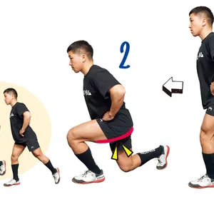 脚を前後、上下に伸縮させる 太ももランジ