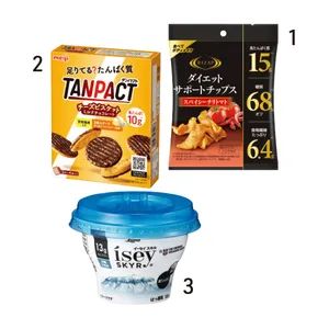 1ダイエットサポートチップス スパイシーチリトマト 39g ￥194／ライザップ　2タンパクト チーズビスケット ミルクチョコレート 12枚 ￥289／明治　3イーセイ スキル 120g￥216／日本ルナ