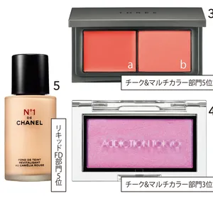 3 ブロウンアウェイ ブラッシュデュオ 02 ¥4180／THREE　4 ザ ブラッシュ ニュアンサー Aurora Veil ¥3300／アディクション ビューティ　5 フリュイド ファンデーション N°1 ドゥ シャネル 30ml 全6色 各¥9240／シャネル