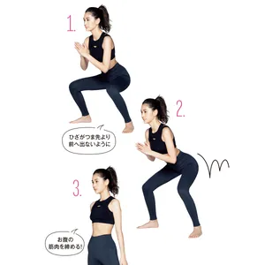 1.お尻を突き出すように腰を落とす／2.お尻を2回バウンドさせる／3.息を吐きながら伸び上がる