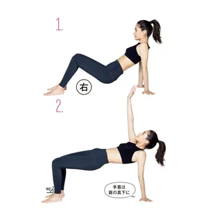1.手を肩の下についてお尻を上げる／2.右手を上に伸ばす