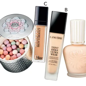 A プロテクティング ファンデーション プライマー SPF50+･PA++++ 30ml 全2色 各￥3850／ポール & ジョー ボーテ　B タンイドル ウルトラ ウェア リキッド SPF38･PA+++ 30ml 全13色 各￥6930／ランコム　C ディオールスキン フォーエヴァー スキン コレクト コンシーラー 11ml 全7色 各￥4620／パルファン・クリスチャン・ディオール　D メテオリット ビーユ 02 ￥8470／ゲラン