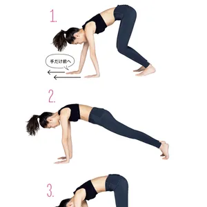 1.手だけを交互に、前に動かす／2.両手をついてつま先立ちの姿勢をキープ／3.手だけを交互に後ろに動かす