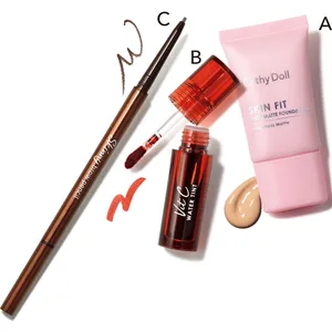 A キャシードール スキンフィットヌードマットファンデーション ミニ 15ml 全3色 各￥990、B 同 Vit C ウォーターティント 04 ￥770、C 同 スキニーブロウペンシル 06 ￥550／日本機能性コスメ研究所