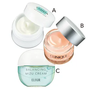 Aスキン バリア クリーム 35g ¥6050／ドクター津田コスメラボ　Bモイスチャー サージ ジェルクリーム 100H 50ml ¥6710／クリニーク　Cエリクシール ルフレ バランシング みずクリーム（医薬部外品）60g ¥1980（編集部調べ）／エリクシール