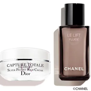 （右から）ル リフト フリュイド 50ml ¥17600／シャネル　カプチュール トータル セル ENGY リッチ クリーム 50ml ¥14300／パルファン・クリスチャン・ディオール