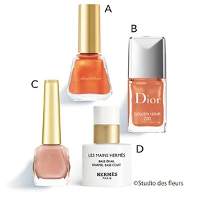 A コンスピキュアス ネイルカラー EX-04 ￥3850／Amplitude（限定色）　B ディオール ヴェルニ 720 ￥3300／パルファン・クリスチャン・ディオール（限定色）　C エレガンス ネイルケア カラー 02 ￥2750／エレガンス コスメティックス　D レ マン エルメス バース エマイユ ¥5720／エルメスジャポン