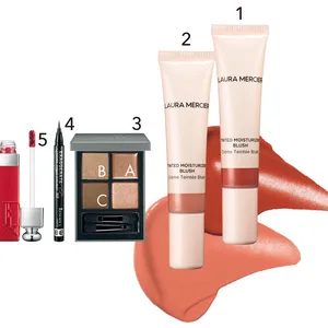 1 ローラ メルシエ ティンティド モイスチャライザー ブラッシュ PK3、2 同 PK2 15㎖ 各¥3410／ローラ メルシエ ジャパン　3 ディメンショナルビジョンアイパレット X03 ¥7150／THREE（8月3日限定発売）　4 エグザジェレート　ラスティングリキッドアイライナー WP 110 ¥1210／リンメル（9月23日限定発売）　5 ディオール アディクト リップ ティント 771 ¥4290／パルファン・クリスチャン・ディオール