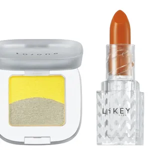 （左から）ペタル フロート アイシャドウ 11 ￥2420／トーン、ライキービューティー スムースフィット リップスティック 201 ￥2079（編集部調べ）／セルフマジック