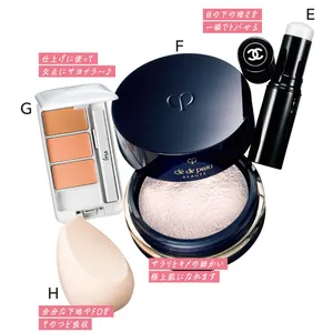 E ボーム エサンシエル ペルルセント 8g ￥6050／シャネル　F プードルトランスパラントn 1 26g ￥13200／クレ・ド・ポー ボーテ　G クリエイティブコンシーラーe SPF25･PA+++ ￥3850／イプサ　H レポンジュ ￥2200／クレ・ド・ポー ボーテ
