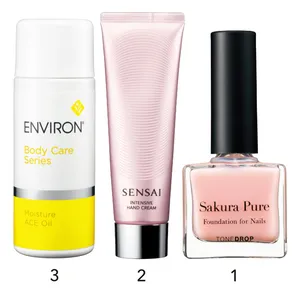 1 ファンデーション for Nails by トーンドロップ サクラピュア ￥1650／ディー・アップ　2 センサイ インテンシブハンドクリーム 100ml ￥9350／カネボウ化粧品　3 エンビロン モイスチャーACEオイル 100ml ￥9790／プロティア・ジャパン