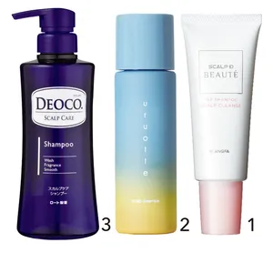 1スカルプD ボーテ スカルプクレンズ 100g ￥2750／アンファー　2uruotte ハーバルエッセンス 爽 薬用育毛料（医薬部外品） 90ml ￥4180／クィーン　3デオコ スカルプケアシャンプー 350ml ￥1540（編集部調べ）／ロート製薬