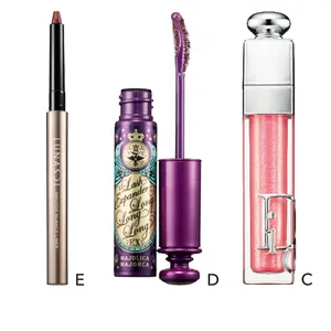 C ディオール アディクト リップ マキシマイザー 010 ￥4620／パルファン・クリスチャン・ディオール　D マジョリカ マジョルカ ラッシュエキスパンダー ロングロングロング EX（フローティング） VI751 ￥1650／資生堂（限定品）　E ルナソル スマッジニュアンスライナー EX02 ￥3300／カネボウ化粧品（限定品）