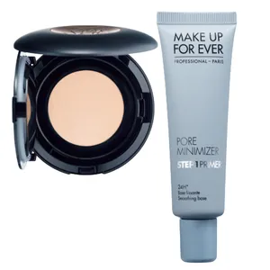 （右から）ステップ1プライマー ポアミニマイザー 30ml ￥5280／メイクアップフォーエバー、タンイドル ウルトラ ウェア スキンフィット メッシュクッション 全5色 SPF40・PA＋＋ 各￥8250／ランコム