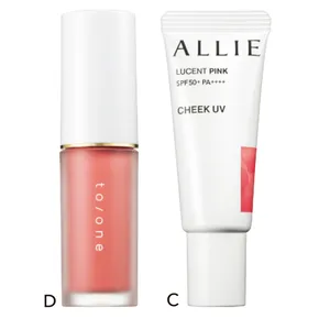 C アリィー クロノビューティ カラーオンUV チーク 01 SPF50+／PA++++ ￥1760（編集部調べ）／カネボウ化粧品　D ペタル リキッド リップ アンド チーク 04 ￥3300／トーン