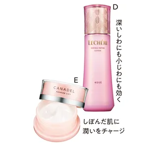 C ルシェリ　 リンクルリペア ローション [医薬部外品] 160ml ￥3850（編集部調べ）／コーセー、CANADEL　 プレミアリフト オールインワン 58g ￥4180／プレミアアンチエイジング