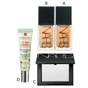 A ライトリフレクティング ファンデーション 02180、B 同 02174 30ml 各￥6930、C ライトリフレクティングセッティングパウダー プレスト N 5894 ￥5830／NARS JAPAN　D エルボリアン CC レッド コレクト／本人私物