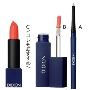 A DIDION スムース カラー アイライナー 03 ￥1540、B 同 リキッド アイシャドウ 01 ￥1650、C 同 リップスティック サテンマット 01 ￥1760