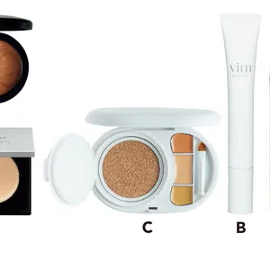 A ＆be UVプライマー 36g SPF50+・PA++++ ￥2750／Clue　B vim BEAUTY キープコンフィデンス プライマー ￥1680、C 同 エフェクト ライク フィニッシュ ファンデーション キット 18 SPF50+・PA+++ ￥4350／Direct Tech　D ミネラライズ スキンフィニッシュ ゴールド ディポジット ￥5280／M･A･C　E ＆be グロウハイライター ￥3080／Clue