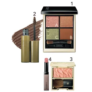 1 シグニチャー カラー アイズ 117 ¥7700／SUQQU（限定色）　2 アイエディション（ブロウマスカラ） 05 ¥1320／エテュセ（10月20日発売）　3 エレガンス カランドゥ フェイス BE401 ¥6050（セット価格）／エレガンス コスメティックス　4 アライジングスピリットリップグロー 08 ¥4290／THREE（9月7日発売）