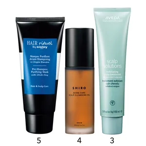 3スカルプ ソリューション エクスフォリエイティング スカルプ トリートメント 150ml ￥6380／アヴェダ　4ニーム頭皮クレンジングオイル 80ml ¥5868／SHIRO　5ヘア リチュアル プレシャンプー ピュリファイング マスク 200ml ￥12100／シスレージャパン