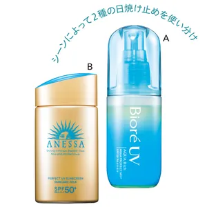 AビオレUV アクアリッチ アクアプロテクトミスト SPF50・PA++++ 60ml（オープン価格）／花王　Bアネッサ パーフェクトUV スキンケアミルク N SPF50+・PA++++ 60ml ￥3300（編集部調べ）／資生堂