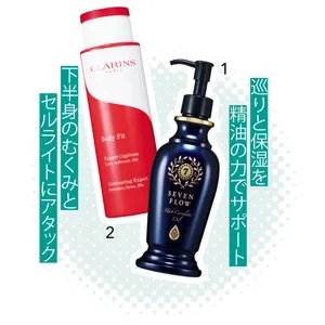 1 セブンフロー ハーブサーキュレイトオイル 150ml ￥7150／美・ファイン研究所　2 ボディ フィット 200ml ￥9350／クラランス